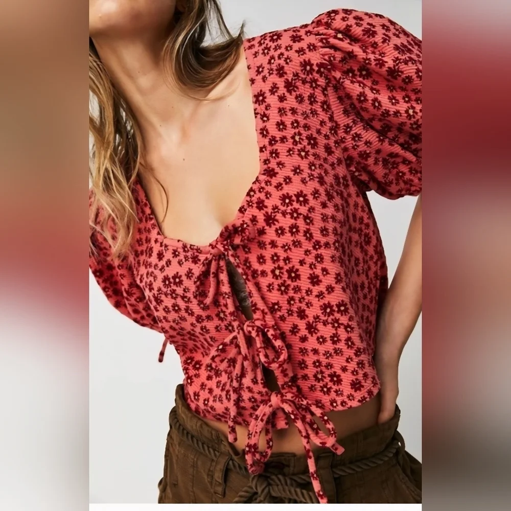 Free People coral pink floral tie-front top